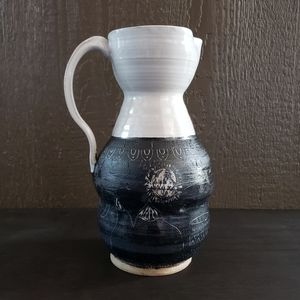 Vintage Signed Quirky Patterned Large Folk Art Pottery Ceramic Pitcher Jug